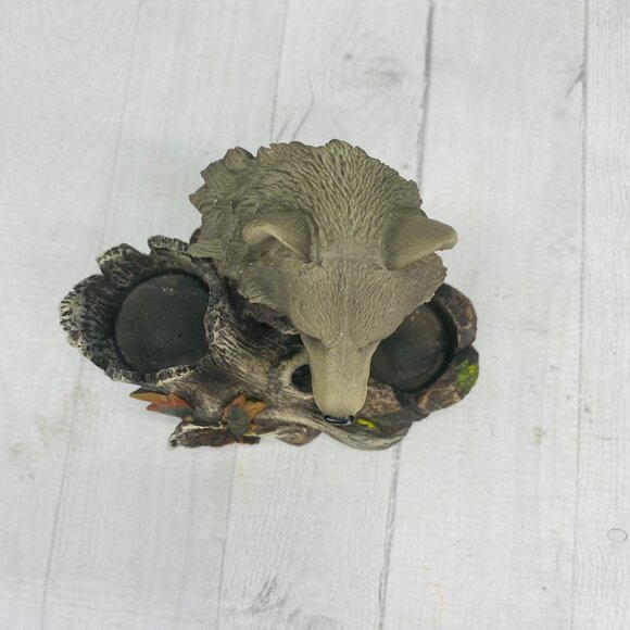 DWK 2011 Animal  Gray Wolf Leaves  Resin Holder w Salt And Pepper Shaker Set 3 - Picture 7 of 16